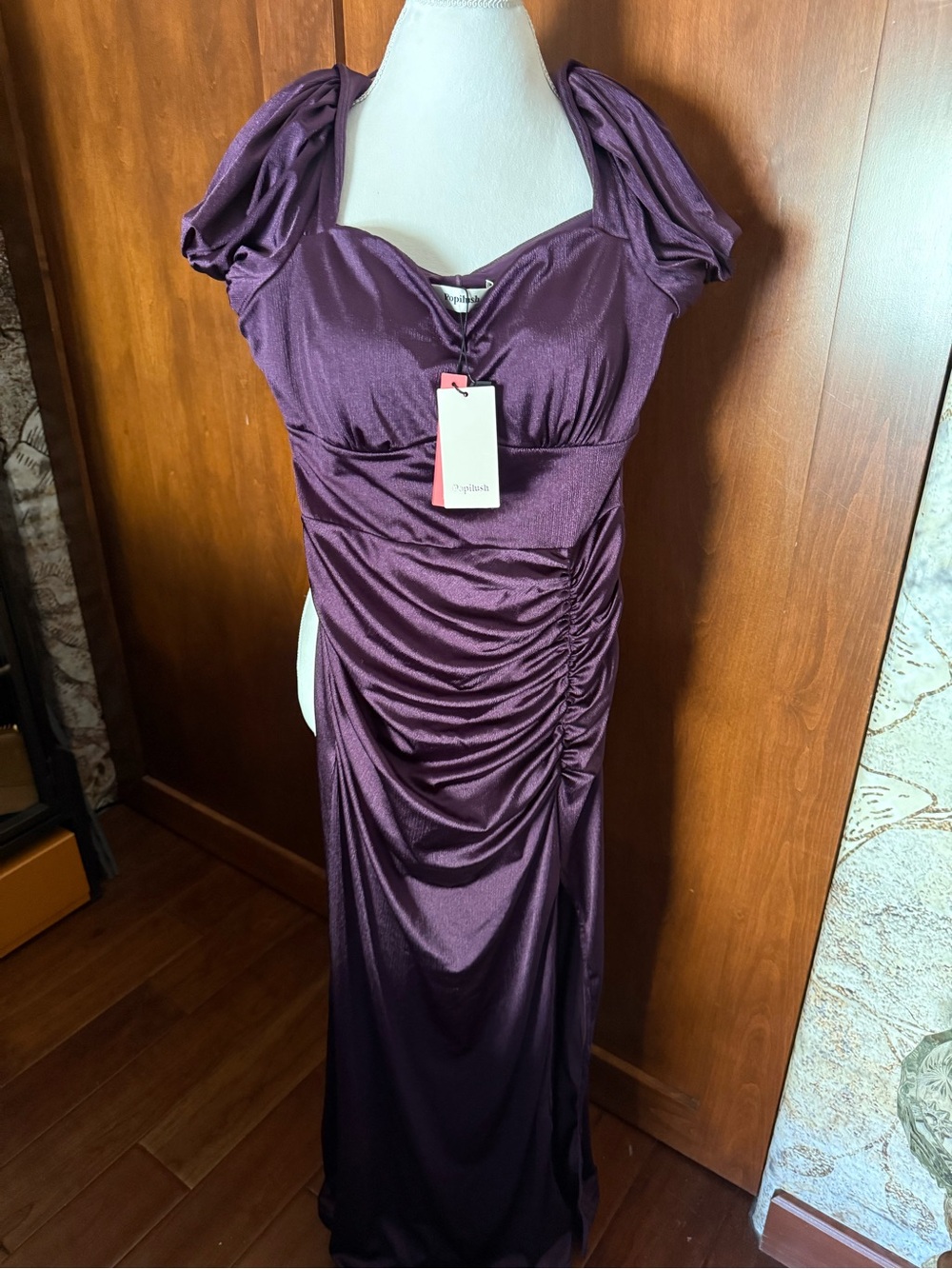 ⚜️ NWT POPILISH MAXI DRESS PUFF SLEEVES RUCHED METALLIC PLUM PURPLE L ⚜️